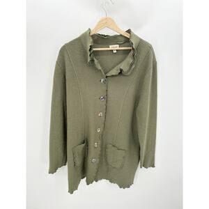 Venario Olive Green Button Front Wool Ruffle Cardigan Sweater Wearable Art XXL